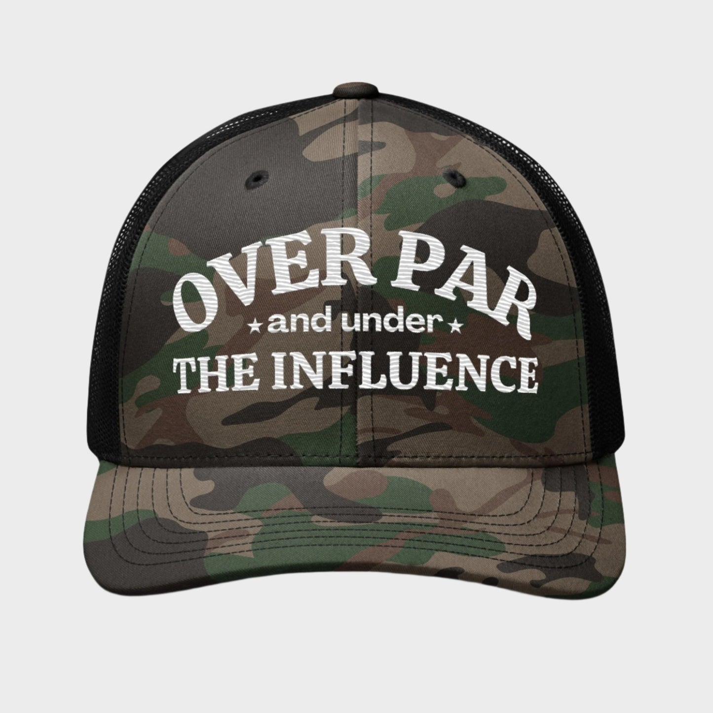 Over Par And Under The Influence Camo Trucker Hat